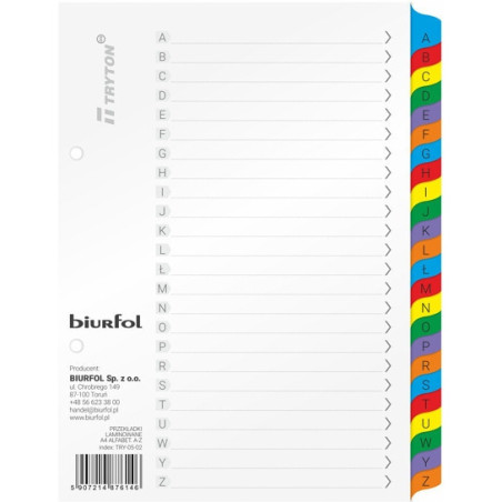 Przekładki alfabetyczne do segregatora A5 A-Z laminowane TRY-05-02 BIURFOL