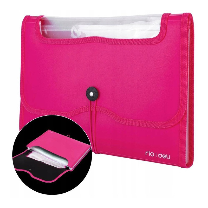 Teczka harmonijkowa z gumką 13-przegródek okno PVC RIO różowa 38128 PINK DELI