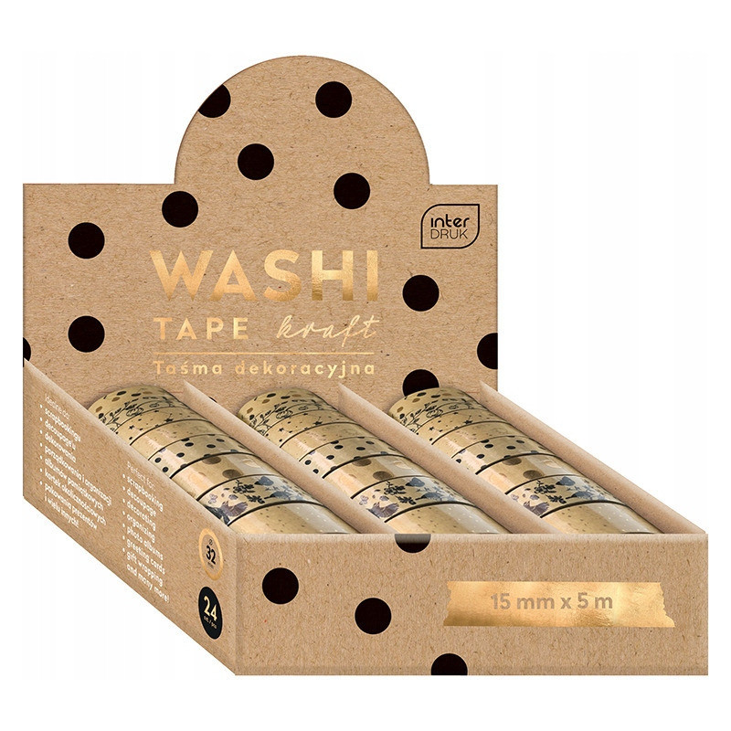 Taśma dekoracyjna 5m KRAFT 8 wzorów opakowanie 24sztuki INTERDRUK