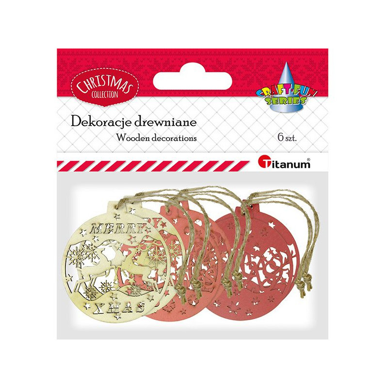Drewniane zawieszki Bombki kolor z jutowym sznurkiem 3 wzory x 2szt. 413063 TITANUM