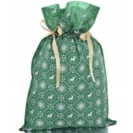 Worek upominkowy materiałowy zielony RENIFERY + PŁATKI ŚNIEGU 20x30cm PaKaDo