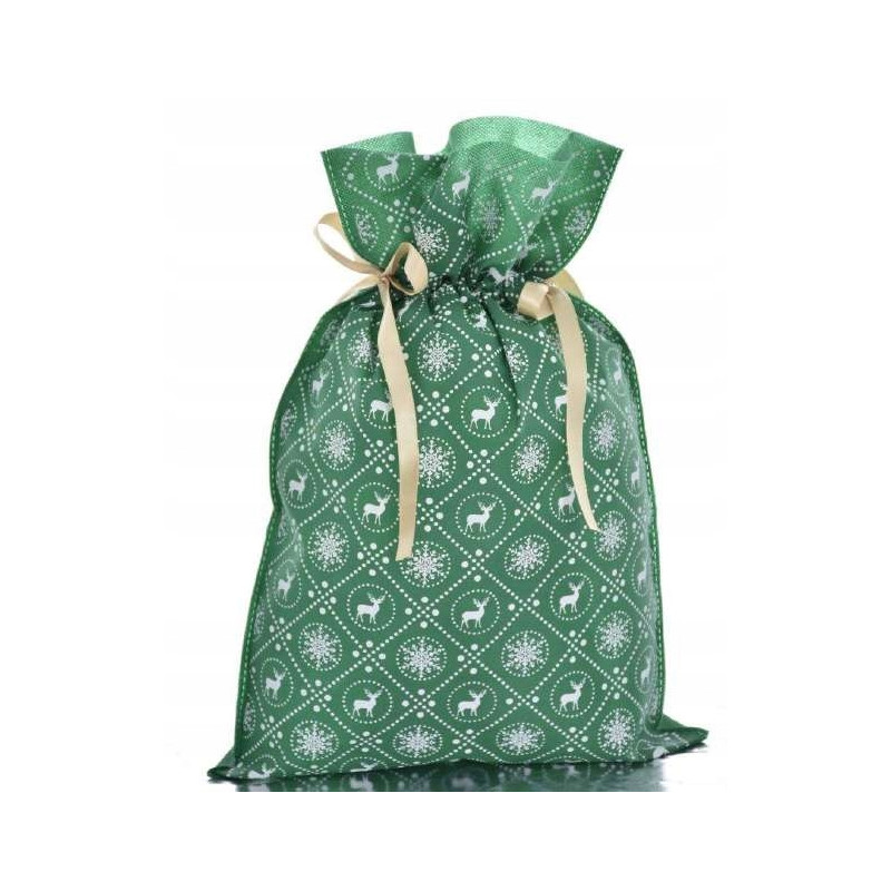Worek upominkowy materiałowy zielony RENIFERY + PŁATKI ŚNIEGU 20x30cm PaKaDo