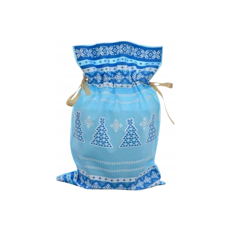 Worek upominkowy materiałowy jasno niebieski CHOINKA + PŁATKI ŚNIEGU 30x45cm PaKaDo