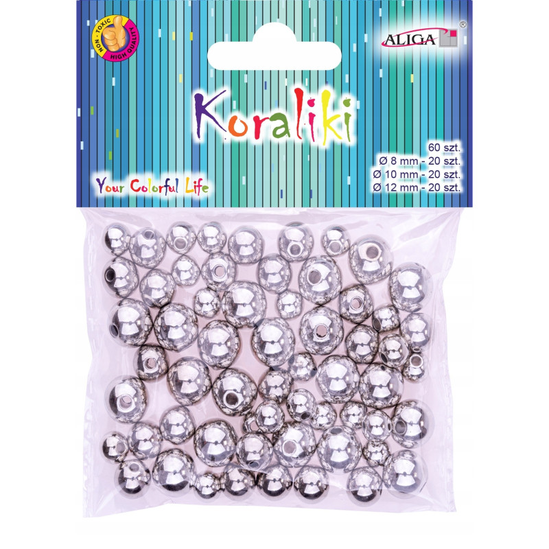 Koraliki plastikowe mix rozmiarów (60 sztuk) srebrne PJ-9470 ALIGA