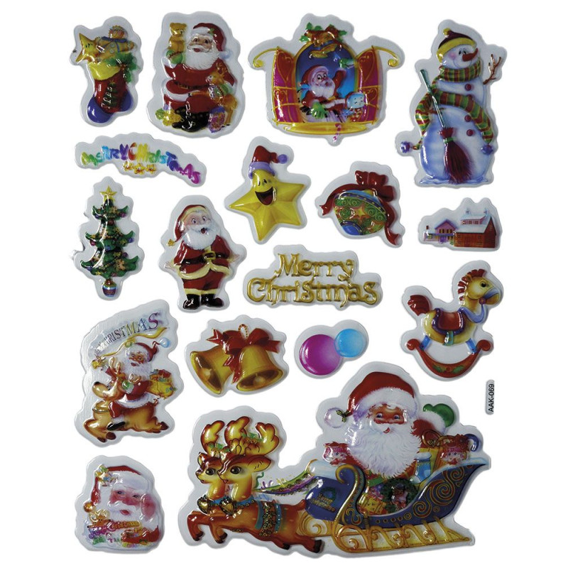 Naklejki wypukłe Mikołaje, bałwanek, sanie, prezenty, napis Merry Christmas 17szt. 487018 TITANUM