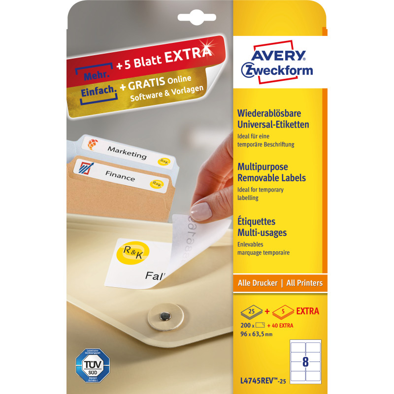 Etykiety A4 białe (25 arkuszy) 96*63,5mm L4745REV-25 AVERY ZWECKFORM