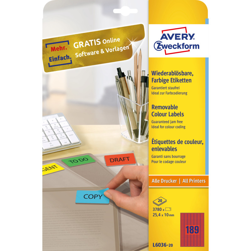 Etykieta czerwona 25,4x10mm (20arkuszy  3780 etykiet) L6036-20 AVERY ZWECKFORM