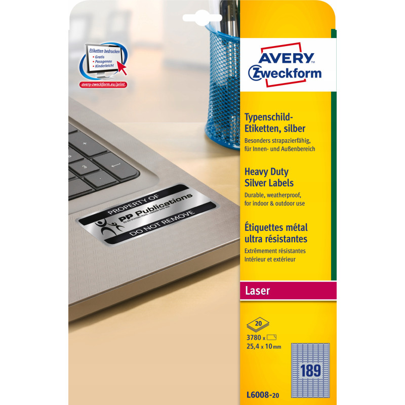 Etykiety Heavy Duty 25.4x10mm srebrne poliestrowe L6008-20szt AVERY ZWECKFORM