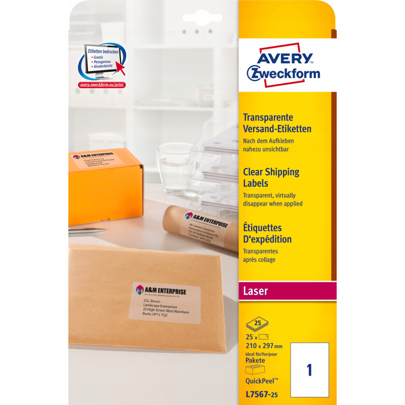 Etykiety A4 210x297mm (25 arkuszy) przezroczyste L7567-25 AVERY ZWECKFORM
