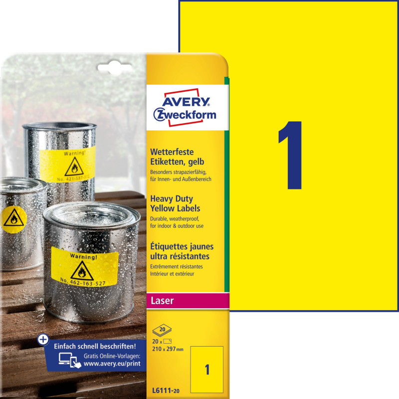 Etykieta ZF 210x297mm L6111-20 żółte poliester (20) AVERY ZWECKFORM