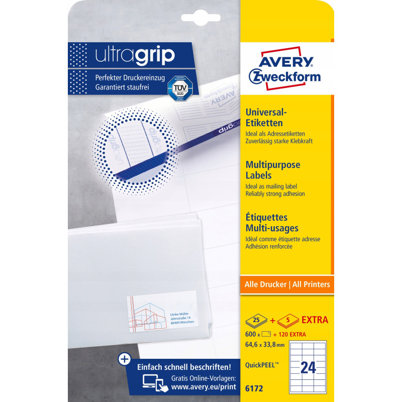 Etykiety A4 białe(30 arkuszy)64,6x33,8mm 6172 AVERY ZWECKFORM