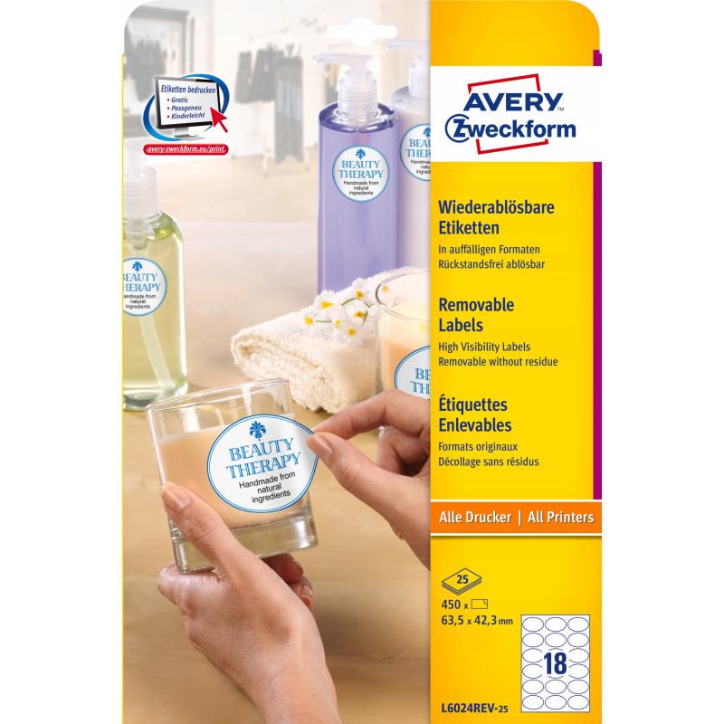 Etykiety ZF 63,5x42,3mm owalne usuwalne L6024REV-25 (25 arkuszy) AVERY ZWECKFORM