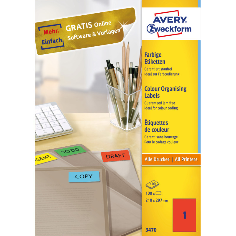 Etykiety A4 czerwone(100arkuszy)210*297mm 3470 AVERY ZWECKFORM