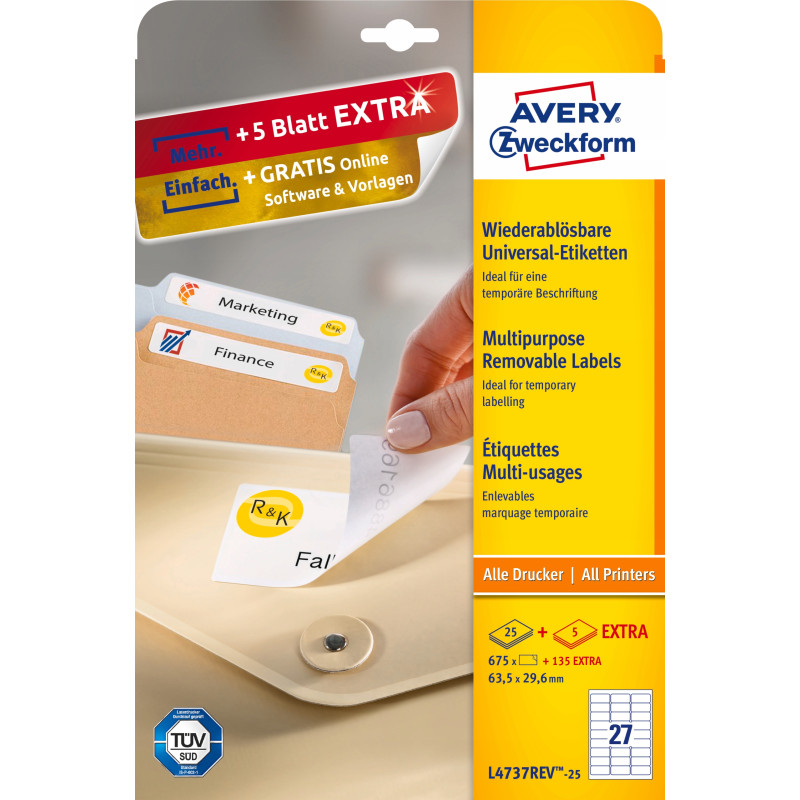 Etykiety A4 białe (25 arkuszy) 63,5*29,6mm L4737REV-25 AVERY ZWECKFORM