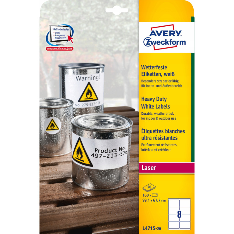 Etykiety Heavy Duty 99.1x67.7mm białe L4715-20szt AVERY ZWECKFORM