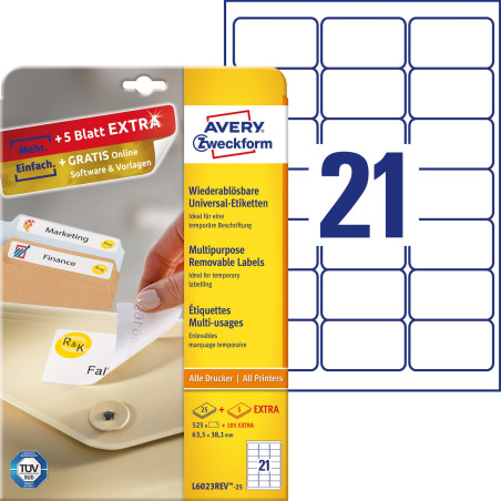 Etykieta biała 63,5x38,1mm (25arkuszy  630 etykiet) usuwalna L6023REV-25 AVERY ZWECKFORM
