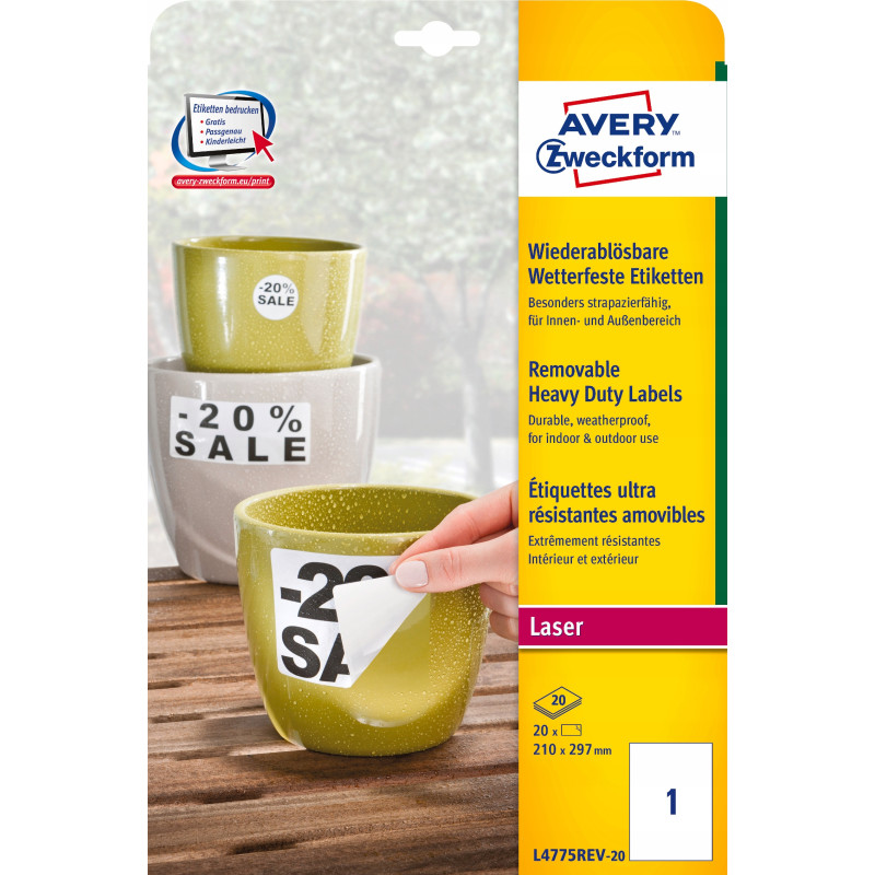 Etykiety Heavy Duty A4 210x297 białe poliestrowe L4775REV-20 AVERY ZWECKFORM