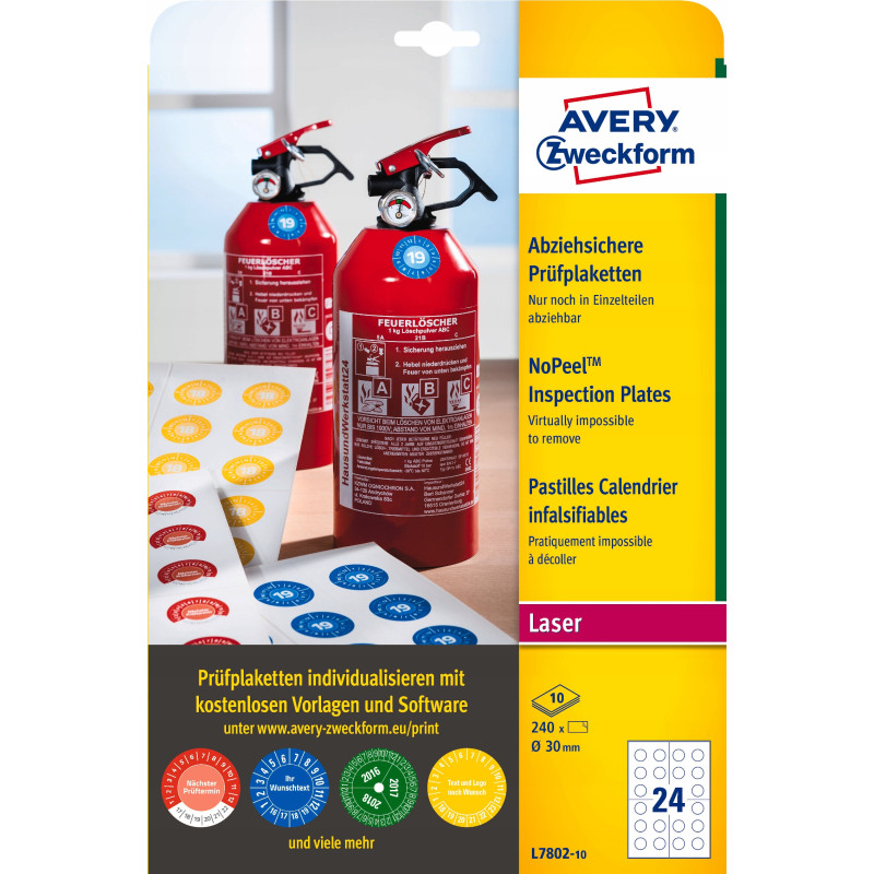 Tabliczki inspekcyjne NoPeel 30mm 240szt. L7802-10 białe AVERY ZWECKFORM