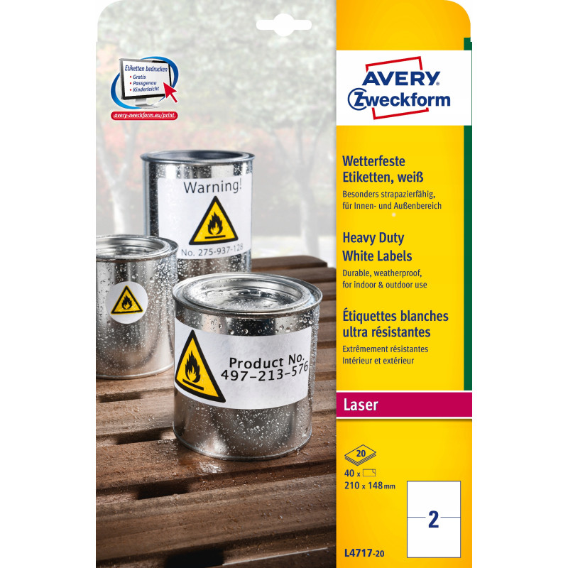 Etykieta A4 foliowa(20 arkuszy)210x148mm trwała 75g L4717-20 AVERY ZWECKFORM