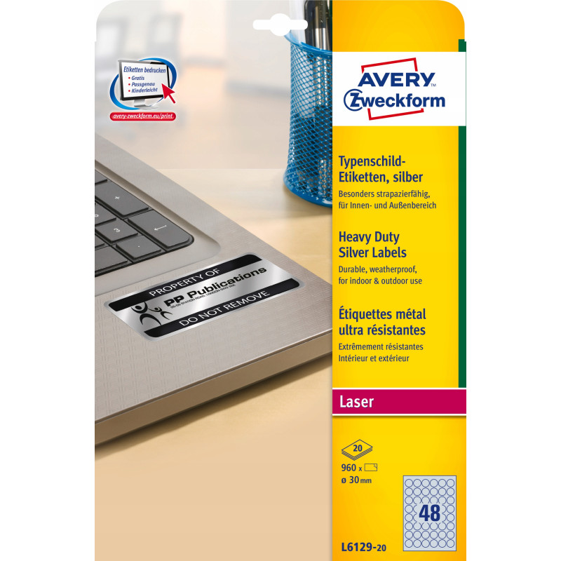 Etykiety znamionowe srebrne średnica Q 30mm L6129-20szt AVERY ZWECKFORM