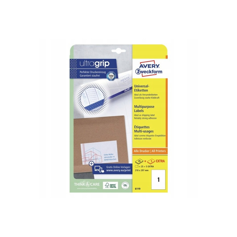 Etykiety A4 białe (30 arkuszy) 210x297mm 6119 AVERY ZWECKFORM