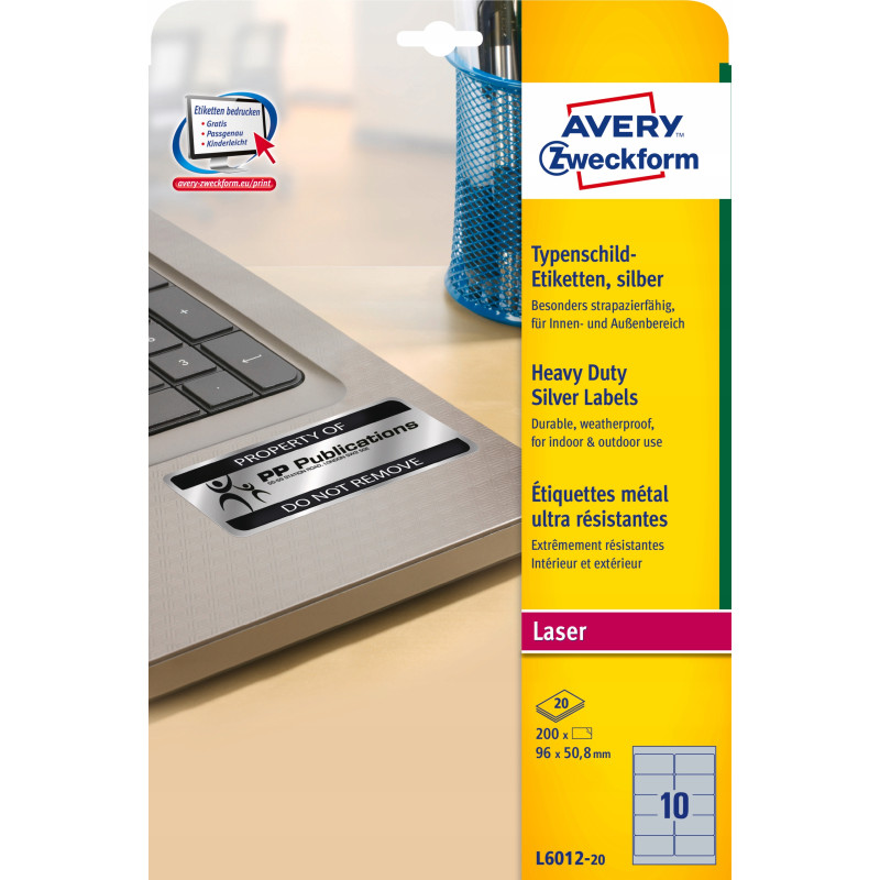 Etykiety Heavy Duty 96x50.8mm (20szt) srebrne poliestrowe L6012-20 AVERY ZWECKFORM