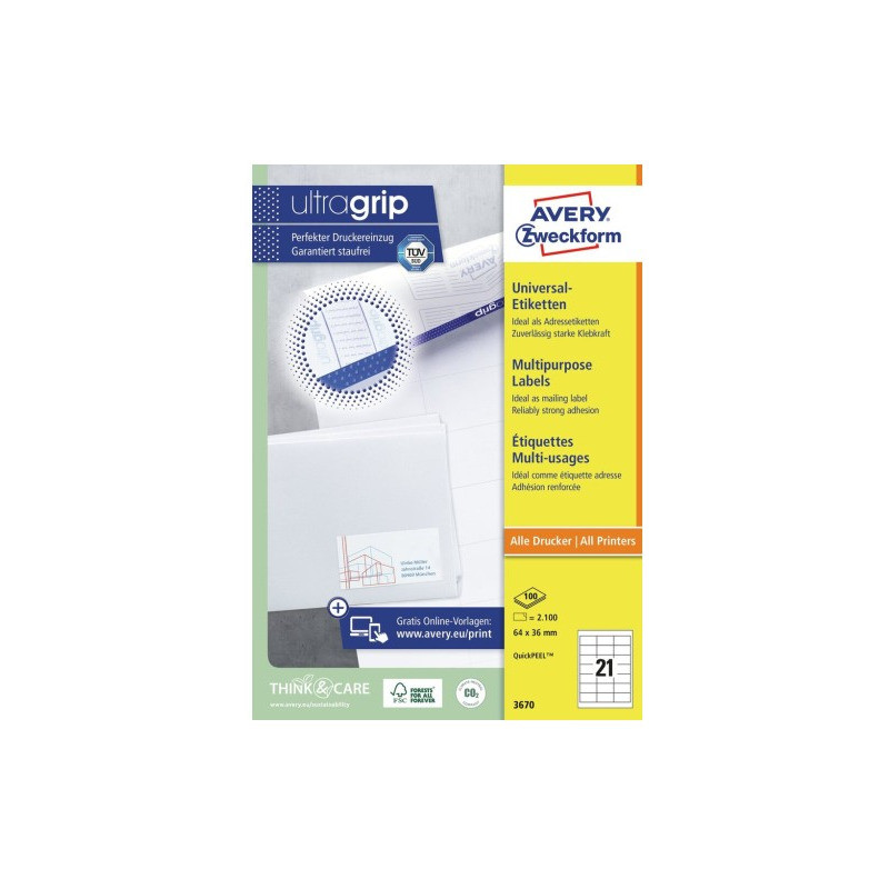 Etykieta A4 białe (100 arkuszy) 64x36mm 3670 ULTRA GRIP AVERY ZWECKFORM