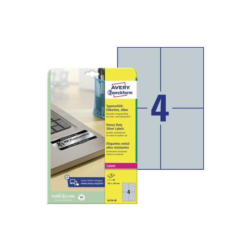 Etykiety A4 znamionowe srebrne 105x148mm (20ark) L6134-20 AVERY ZWECKFORM