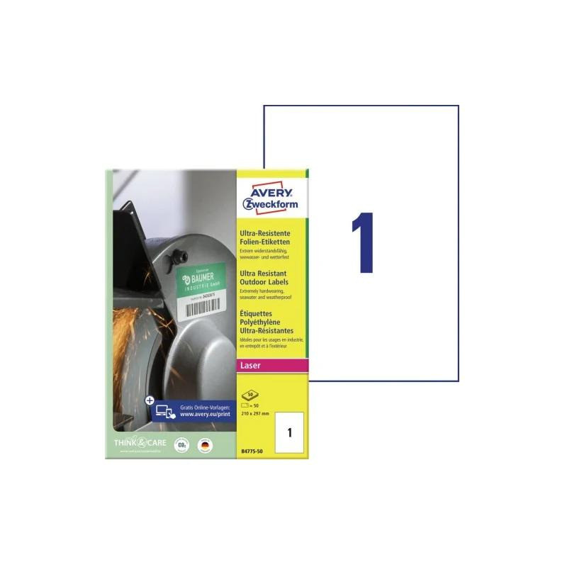Etykiety A4 foliowe (50 arkuszy) 210x297mm ULTRA RESISTANT B4775-50 AVERY ZWECKFORM