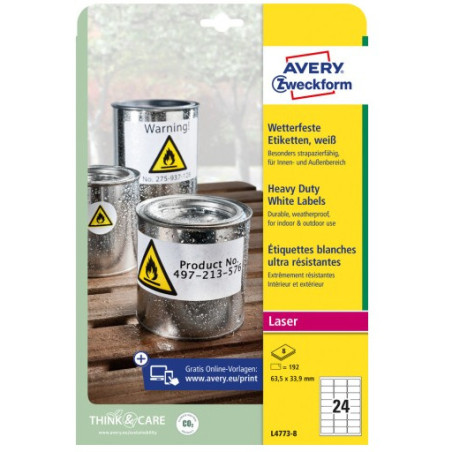 Etykiety foliowe białe HEAVY DUTY 63,5*33,9mm (8 arkuszy 192 etykiety) L4773-8 AVERY ZWECKFORM