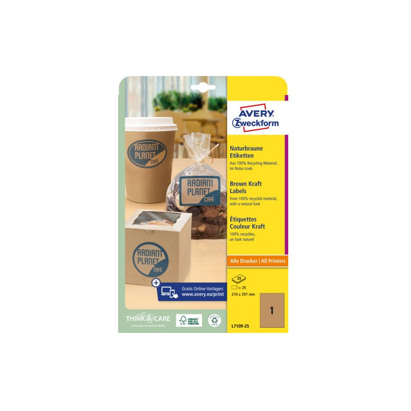 Etykiety ekologiczne brązowe 210x297mm (25 arkuszy25 etykiet) L7109-25 AVERY ZWECKFORM