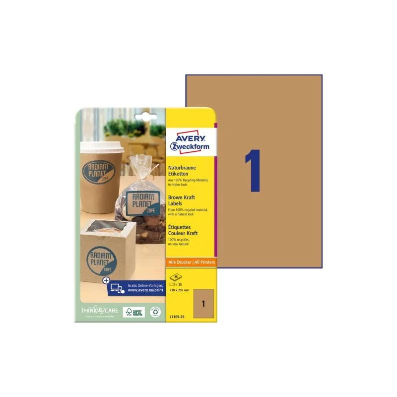 Etykiety ekologiczne brązowe 210x297mm (25 arkuszy25 etykiet) L7109-25 AVERY ZWECKFORM