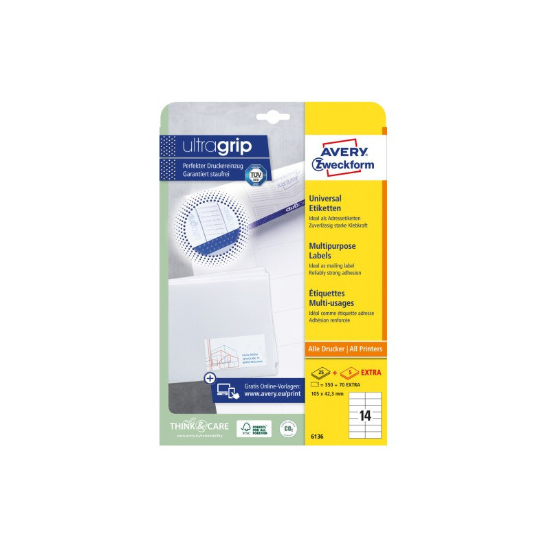 Etykiety białe ULTRAGRIP 105x42,3mm (25 arkuszy350 etykiet) 6136 AVERY ZWECKFORM
