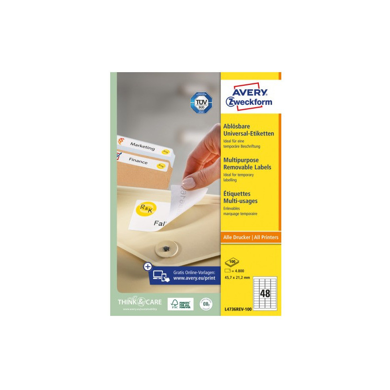 Etykiety białe 45,7x21,2mm (100 arkuszy 4800 etykiet) L4736REV-100 AVERY ZWECKFORM