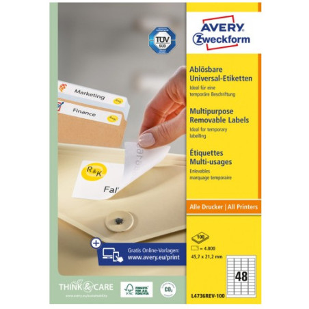 Etykiety białe 45,7x21,2mm (100 arkuszy 4800 etykiet) L4736REV-100 AVERY ZWECKFORM