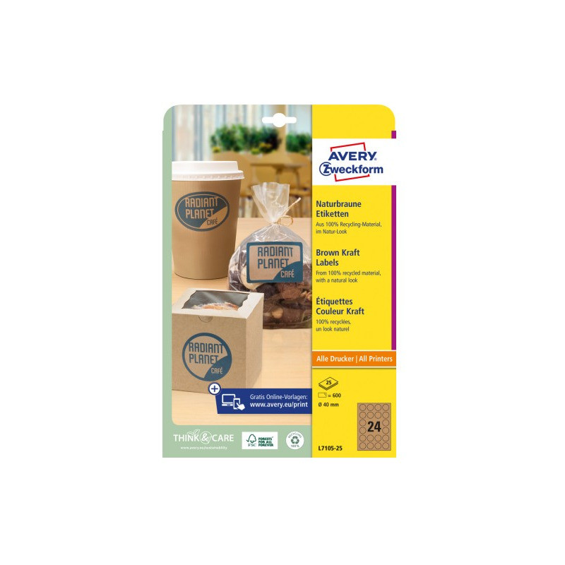 Etykiety ekologiczne brązowe kółka 40mm (25arkuszy 600 etykiet) L7105-25 AVERY ZWECKFORM