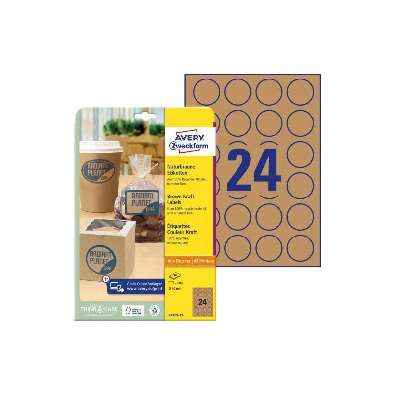 Etykiety ekologiczne brązowe kółka 40mm (25arkuszy 600 etykiet) L7105-25 AVERY ZWECKFORM