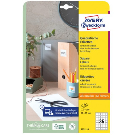 Etykiety białe kwadratowe 35x35mm (10arkuszy350 etykiet) 6251-10 AVERY ZWECKFORM