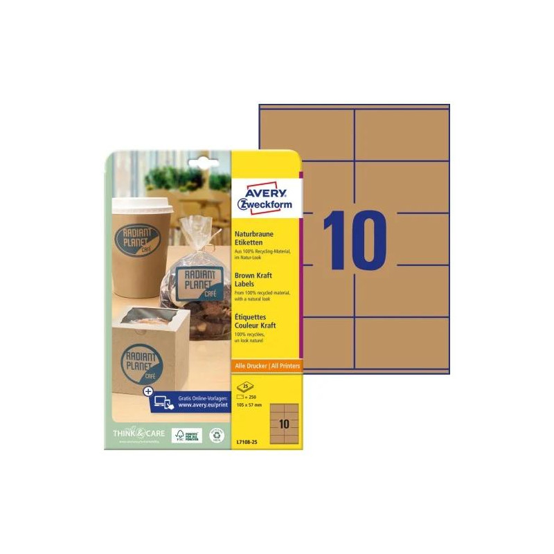 Etykiety ekologiczne brązowe 105x57mm (25 arkuszy 250sztykiet) L7108-25 AVERY ZWECKFORM