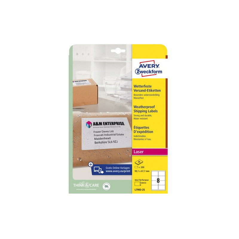 Etykiety wysyłkowe białe 99,1x67,7mm (25arkuszy  200 etykiet) L7993-25 AVERY ZWECKFORM