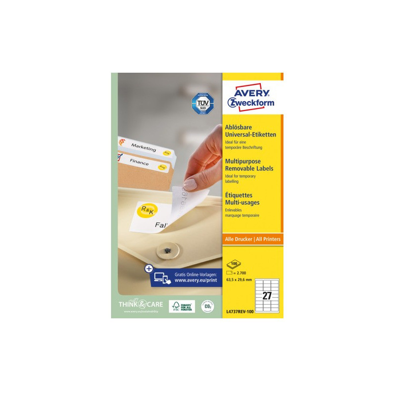 Etykiety białe usuwalne 63,5x29,6mm (100 arkuszy  2700 etykiet) L4737REV-100 AVERY ZWECKFORM