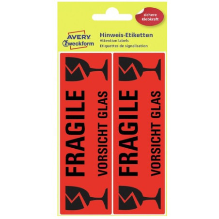 Etykieta ostrzegawcza "OSTROŻNIE SZKŁO" 119x38mm (5 arkuszy  10 etykiet) 3050 AVERY ZWECKFORM