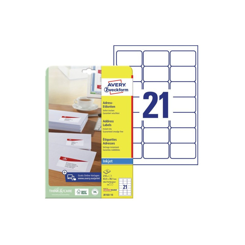 Etykiety adresowe białe 63,5x38,1mm (10 arkuszy  210 etykiet) J8160-10 AVERY ZWECKFORM