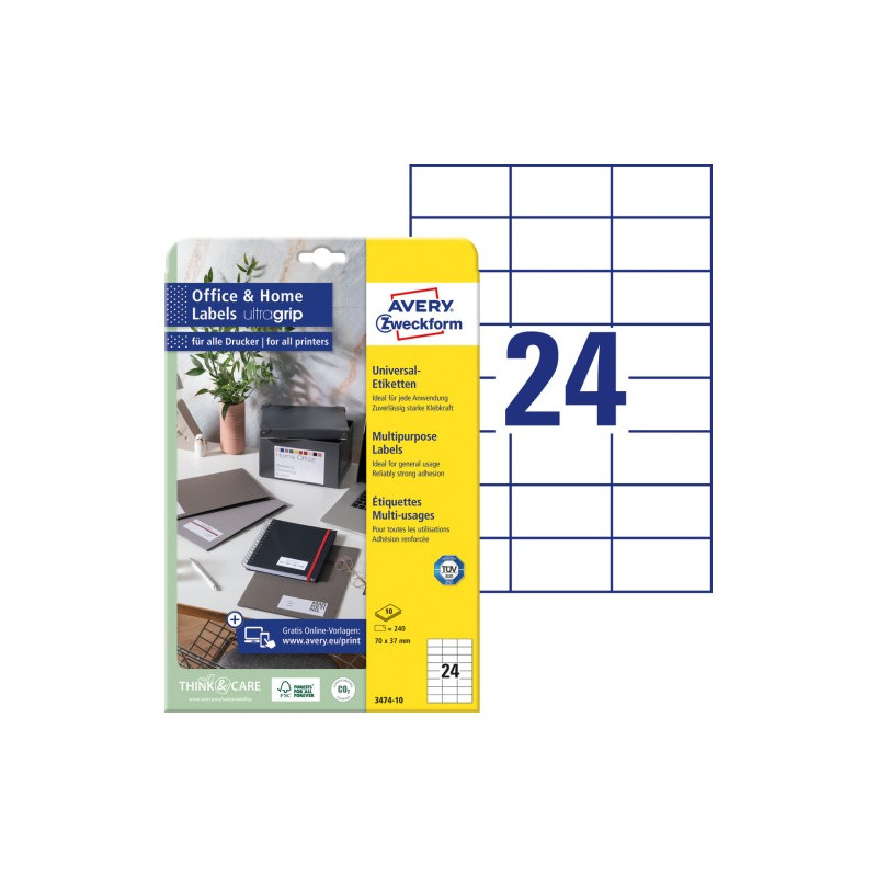 Etykiety białe ULTRAGRIP 70x37mm (10 arkuszy  240 etykiet) 3474-10 AVERY ZWECKFORM