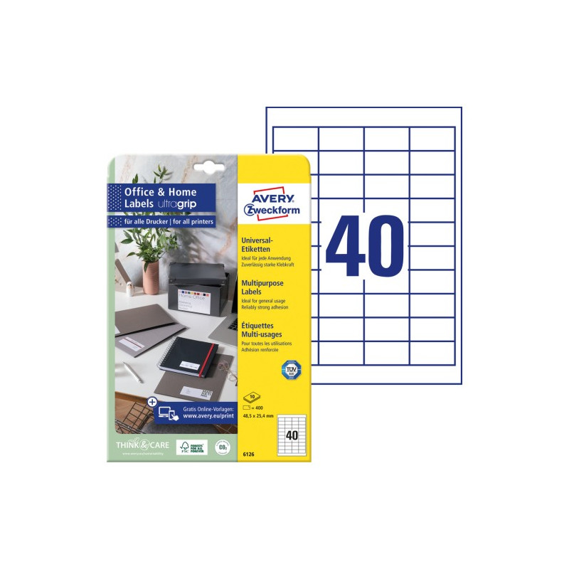 Etykiety białe ULTRAGRIP 48,5x25,4mm (10 arkuszy  400 etykiet) 6126 AVERY ZWECKFORM