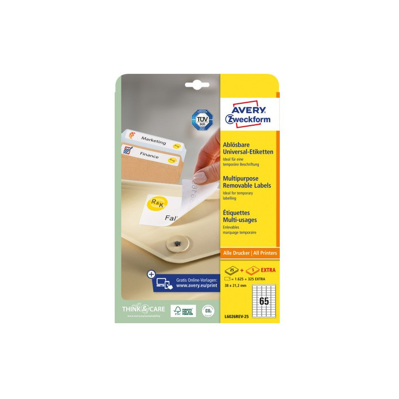 Etykiety białe 38,1x21,2mm (25 arkuszy  1625 etykiet) usuwalne L6026REV-25 AVERY ZWECKFORM