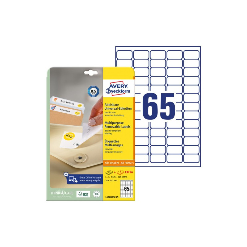Etykiety białe 38,1x21,2mm (25 arkuszy  1625 etykiet) usuwalne L6026REV-25 AVERY ZWECKFORM