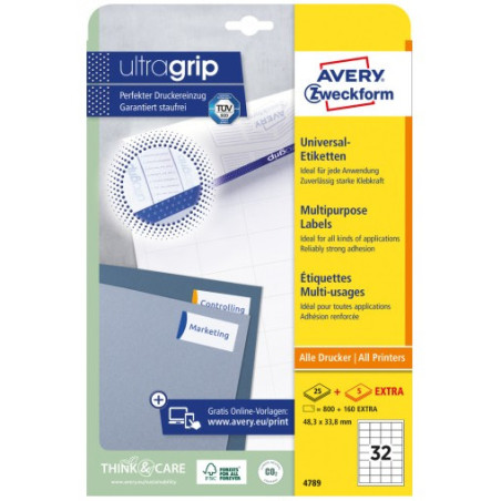 Etykiety białe ULTRAGRIP 48,3x33,8mm (25 arkuszy  800 etykiet) 4789 AVERY ZWECKFORM