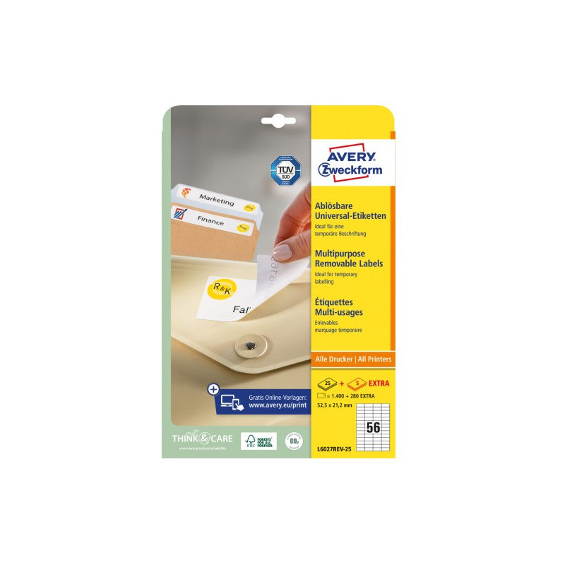 Etykiety białe 52,5x21,2mm (25 arkuszy  1400 etykiet) usuwalne L6027REV-25 AVERY ZWECKFORM