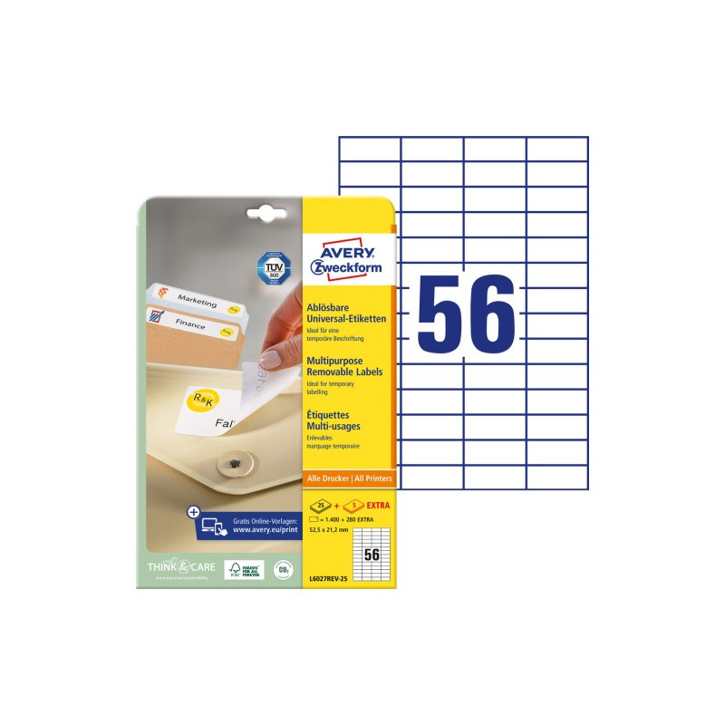 Etykiety białe 52,5x21,2mm (25 arkuszy  1400 etykiet) usuwalne L6027REV-25 AVERY ZWECKFORM